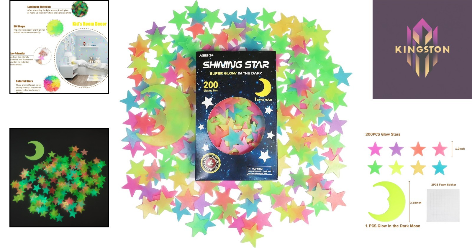 Multicolor Glow-in-the-Dark Sticker Set – 200pcs Stars and Moon for Ceiling