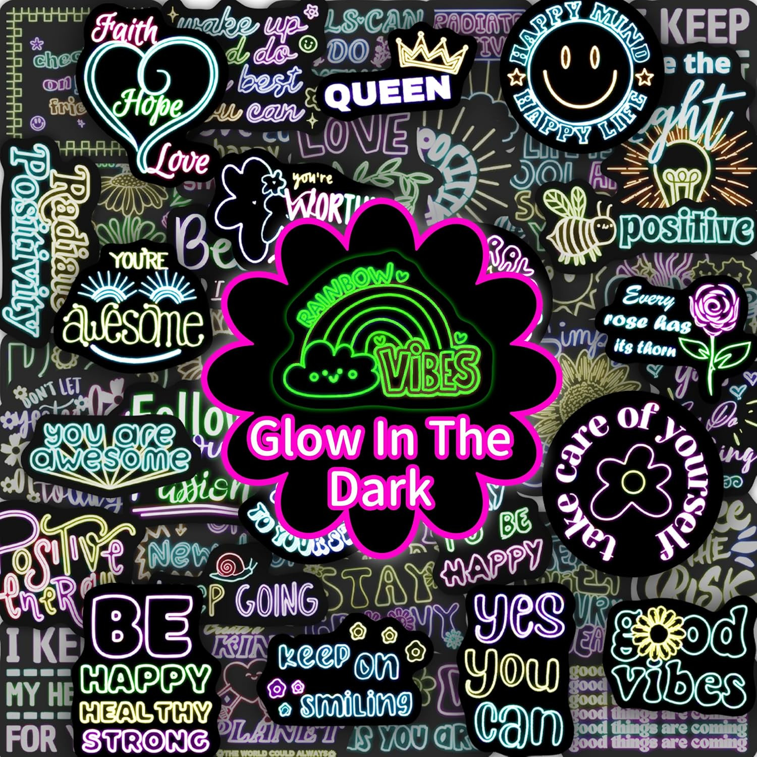 Glow in the Dark Inspirational Quotes Water Bottle Neon Stickers | 50 Pcs, Water
