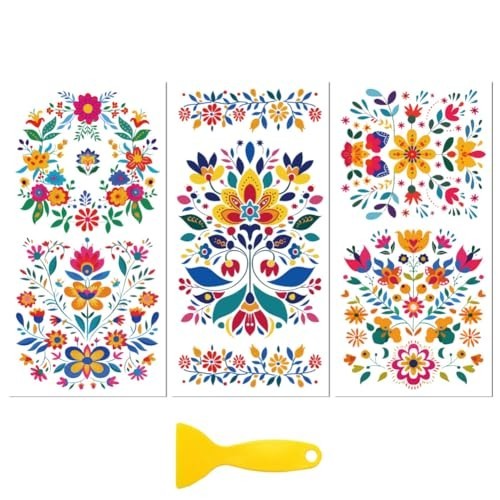 Mexican Folk Art Flowers Rub on Transfer Decal Stickers for Furniture Craft 3Pcs