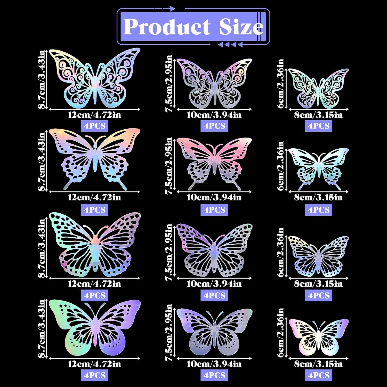 48Pcs 3D Butterfly Wall Stickers Silver Laser Decals Wedding Cake Party Decor
