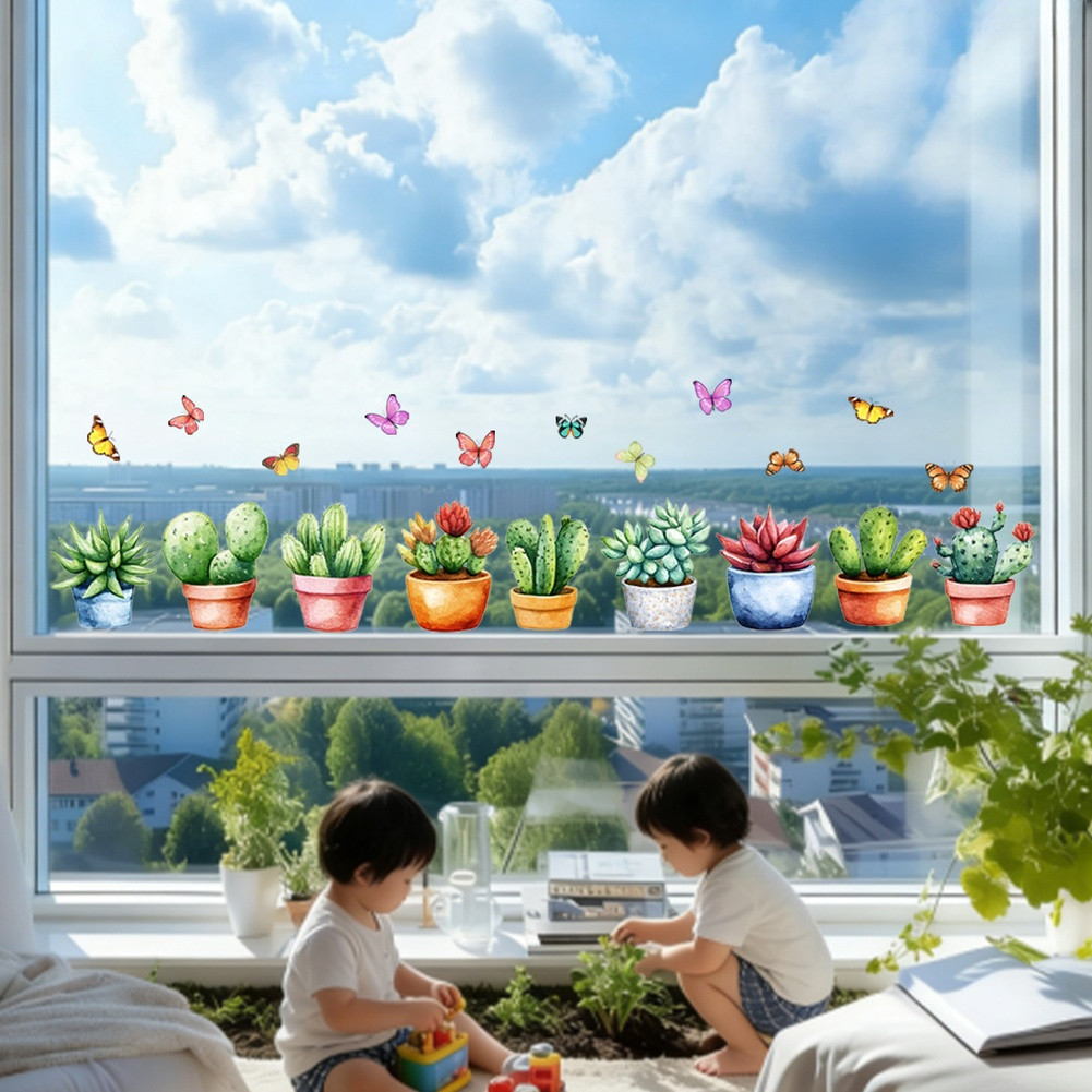 Double Sided PVC Window Sticker with Plant Flower Design for Interior Glass
