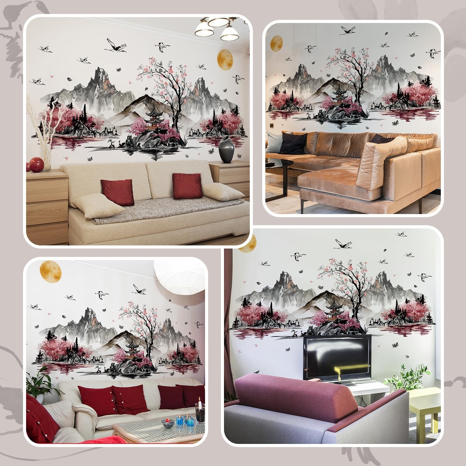 Chinese Style Wall Stickers Ink Mountain Flower Tree Wall Decals DIY Peel and…