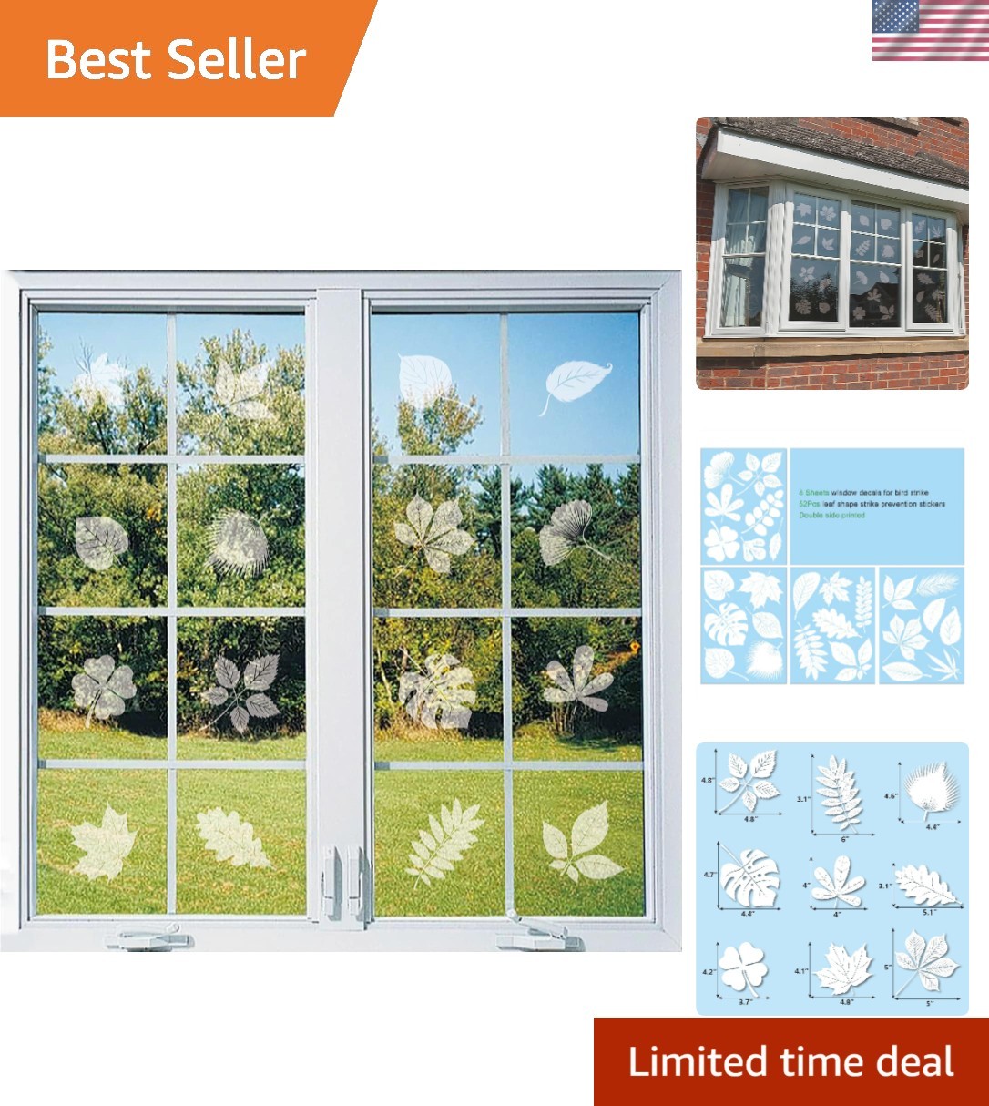 52 Large Leaf Window Decals – Reflective Bird Strike Prevention Stickers