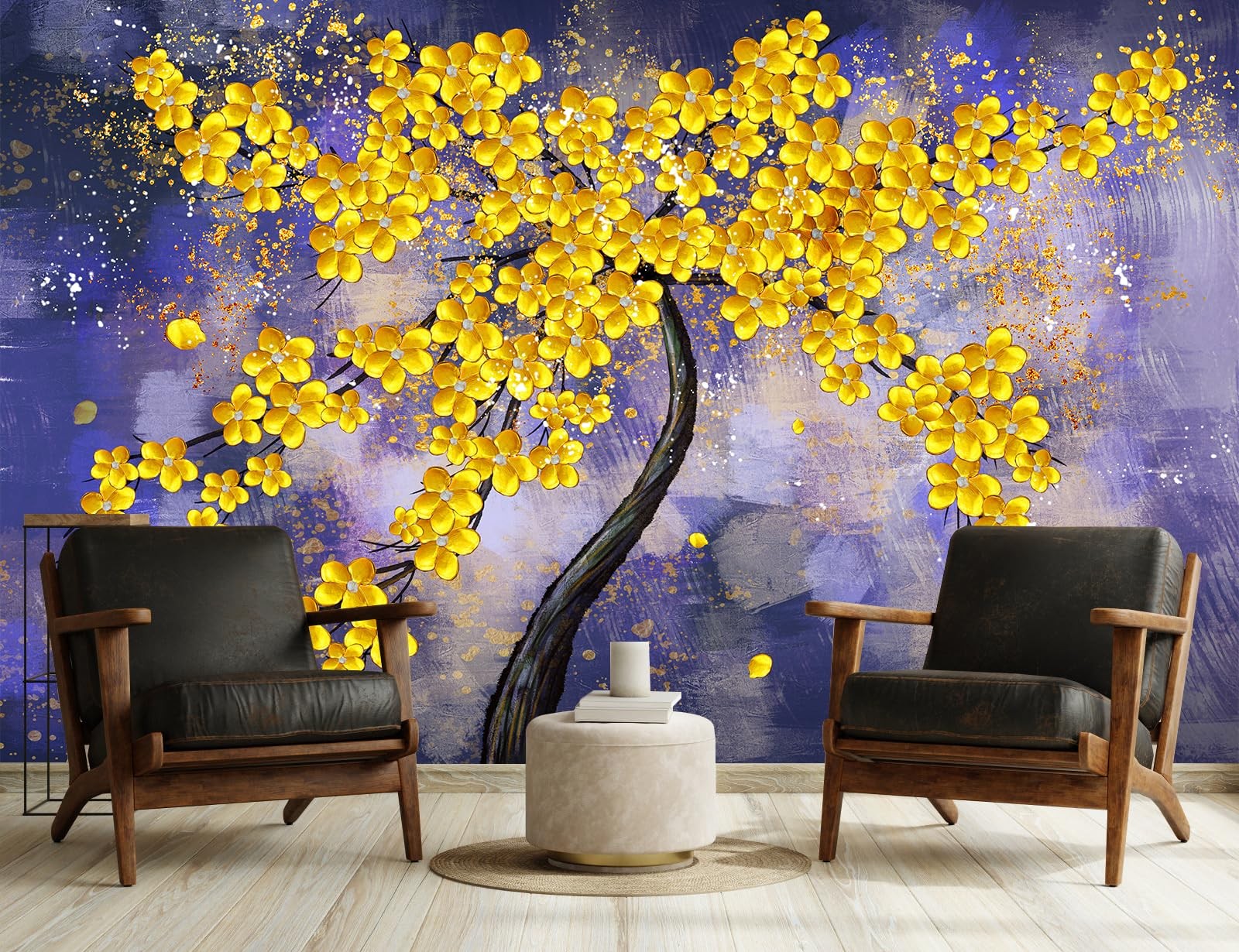 LOOWAP Yellow Flower Tree Wall Mural Purple Background Wall Decor for Bedroom