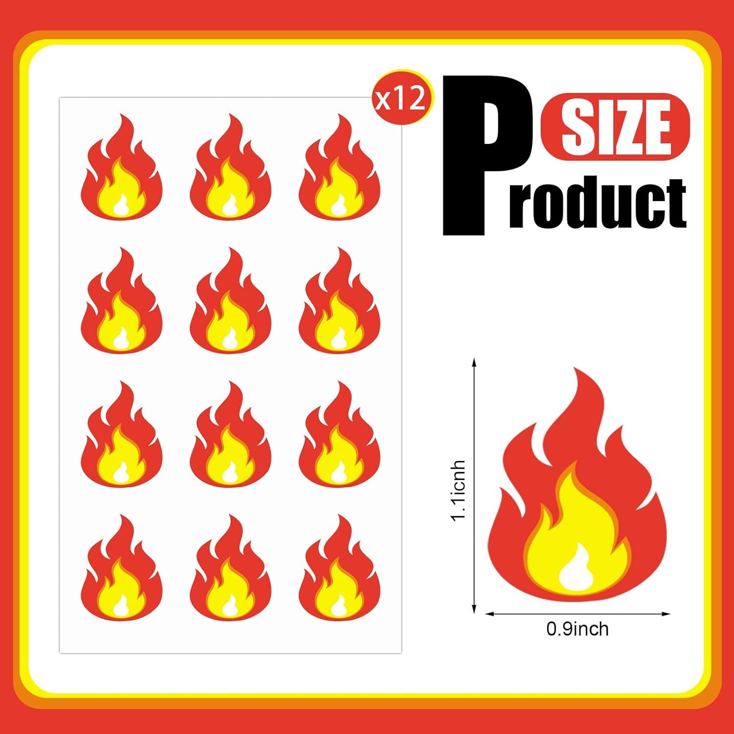 Fulmoon 144 Pcs Fire Vinyl Stickers Waterproof Flame Decals Small Red, Yellow