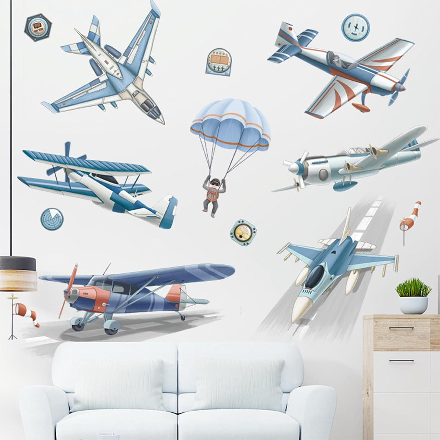 Cartoon Airplane Wall Decals, Fighter Jets & Parachute Wall Stickers for Kids Pl