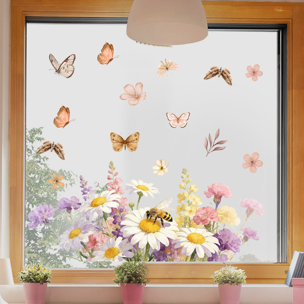 Floral Butterfly Theme Static Cling Window Sticker 11.81×23.62in Purple PVC