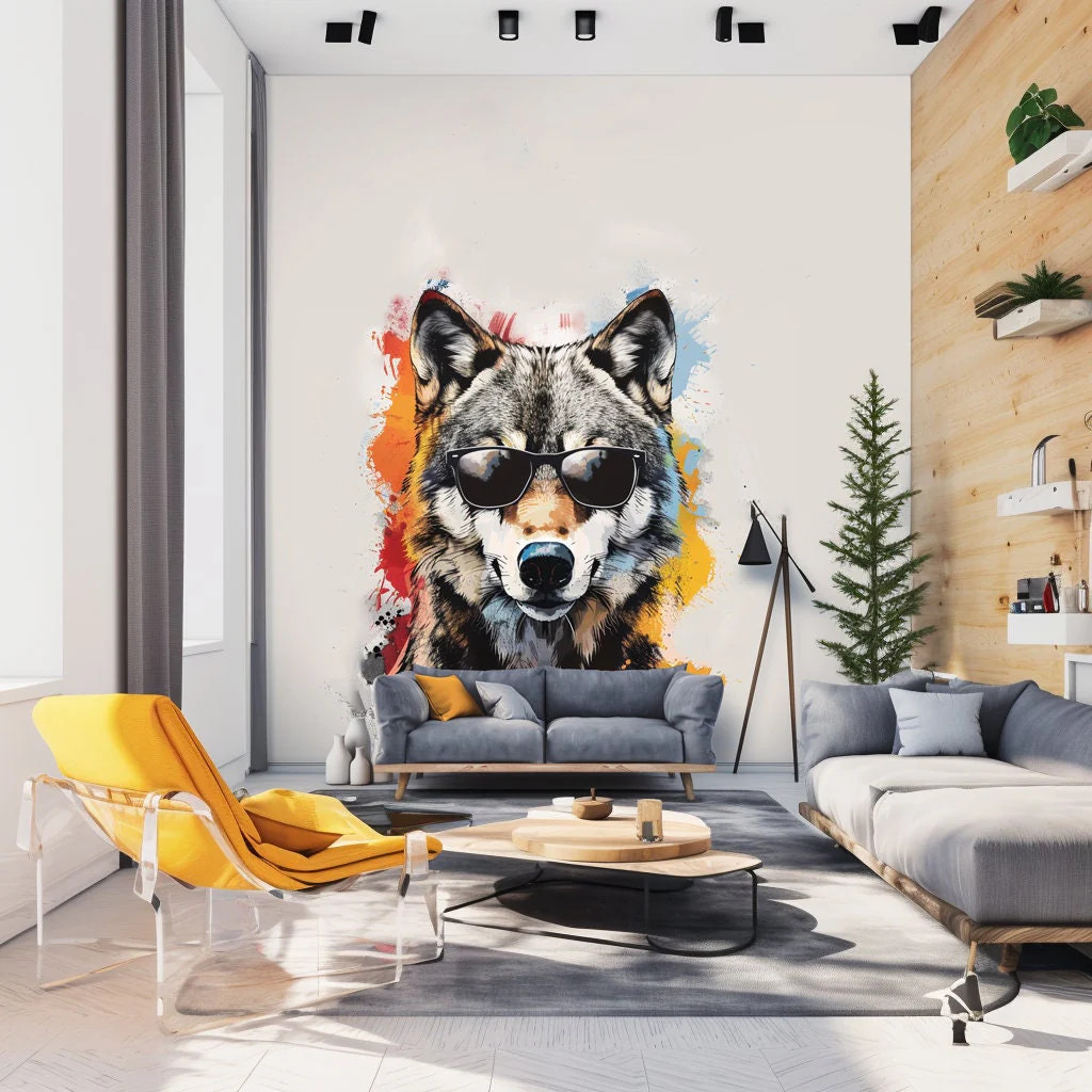 Colorful Wolf Wall Sticker Decals with Sunglasses – Modern Wolf Art Decal –