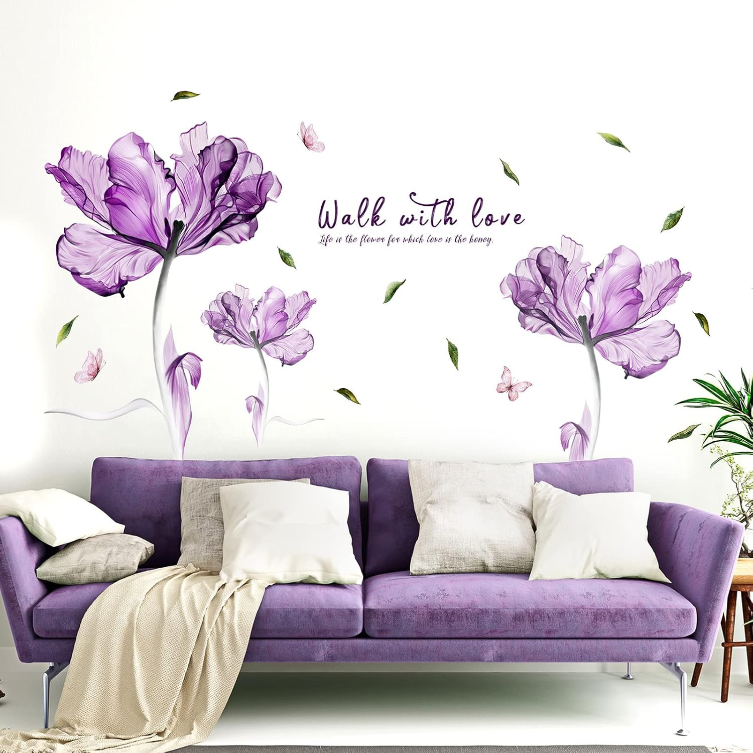 Flowers Wall Sticker Watercolor Purple Floral Wall Decal DIY Butterfly Flower Ar