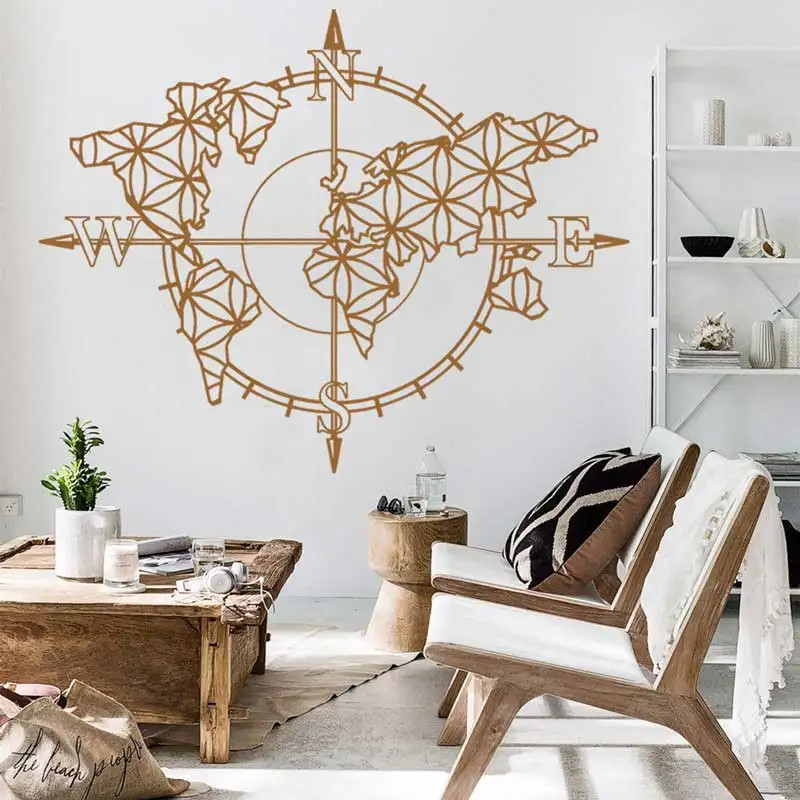 Flower of Life World Map Compass Vinyl Wall Sticker Home Boho Art Wall Modern