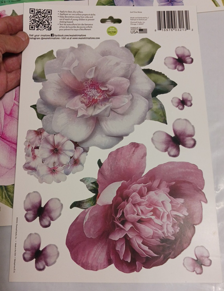 Wall Decal stickers Jumbo 10" Flowers. Rose + Pink. 6 sets Peel and stick floral