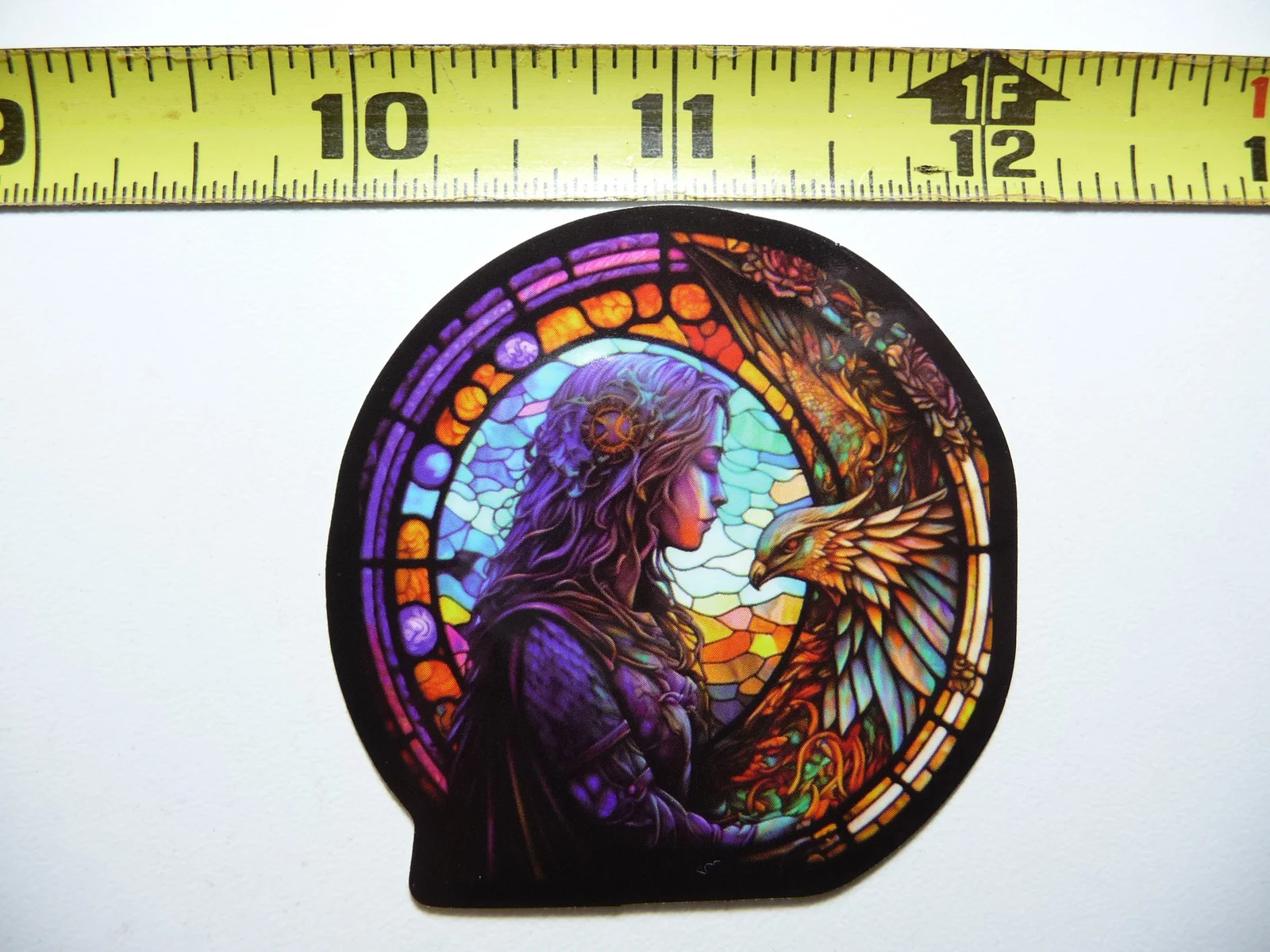 GIRL PHOENIX BIRD SMALL STICKER DECAL STAINED GLASS STYLE BEAUTIFUL COLORS