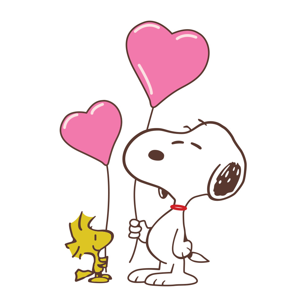 Peanuts Snoopy with heart-shaped balloons next to Woodstock 2.8"W x 4"H