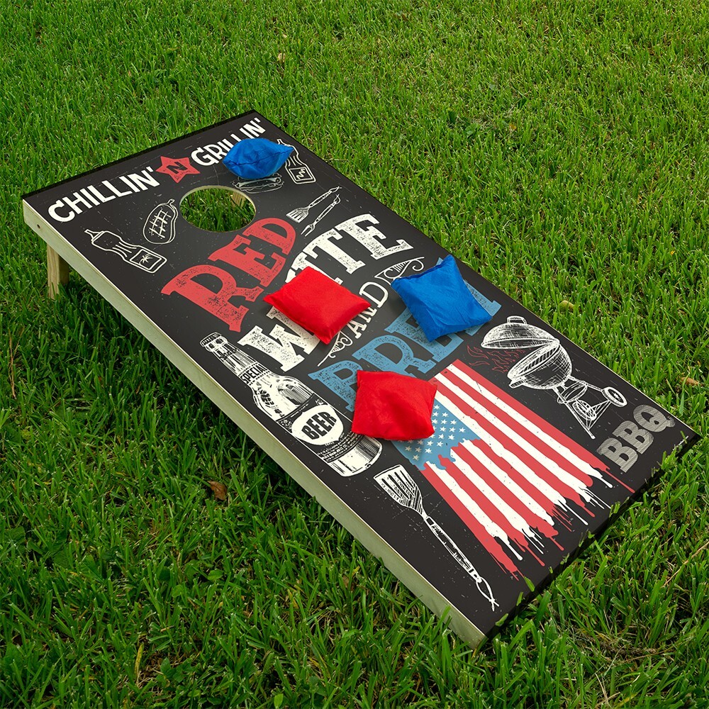 Red White and Brew Beer American Flag Chalkboard Style Cornhole Wraps Sticker