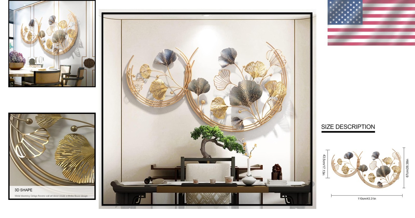 Elegant 3D Golden Ginkgo Leaf Wall Sculpture Set – Handmade Metal Art Decor