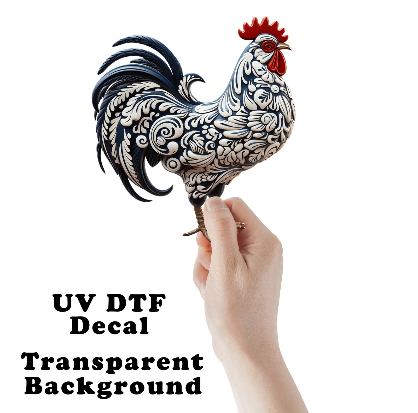 Blue and White Rooster UV DTF Transparent Sticker / Decal
