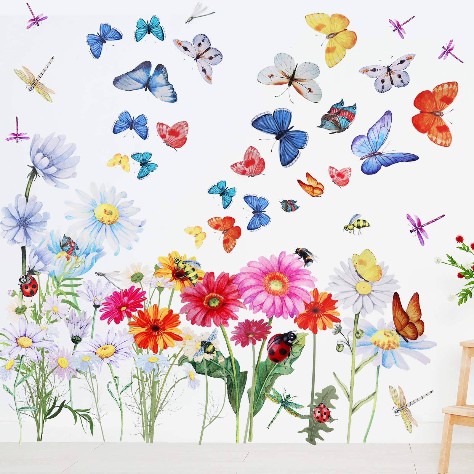 Zonon 64 Pcs Flowers and Butterflies Wall Decals, Wildflower Colorful