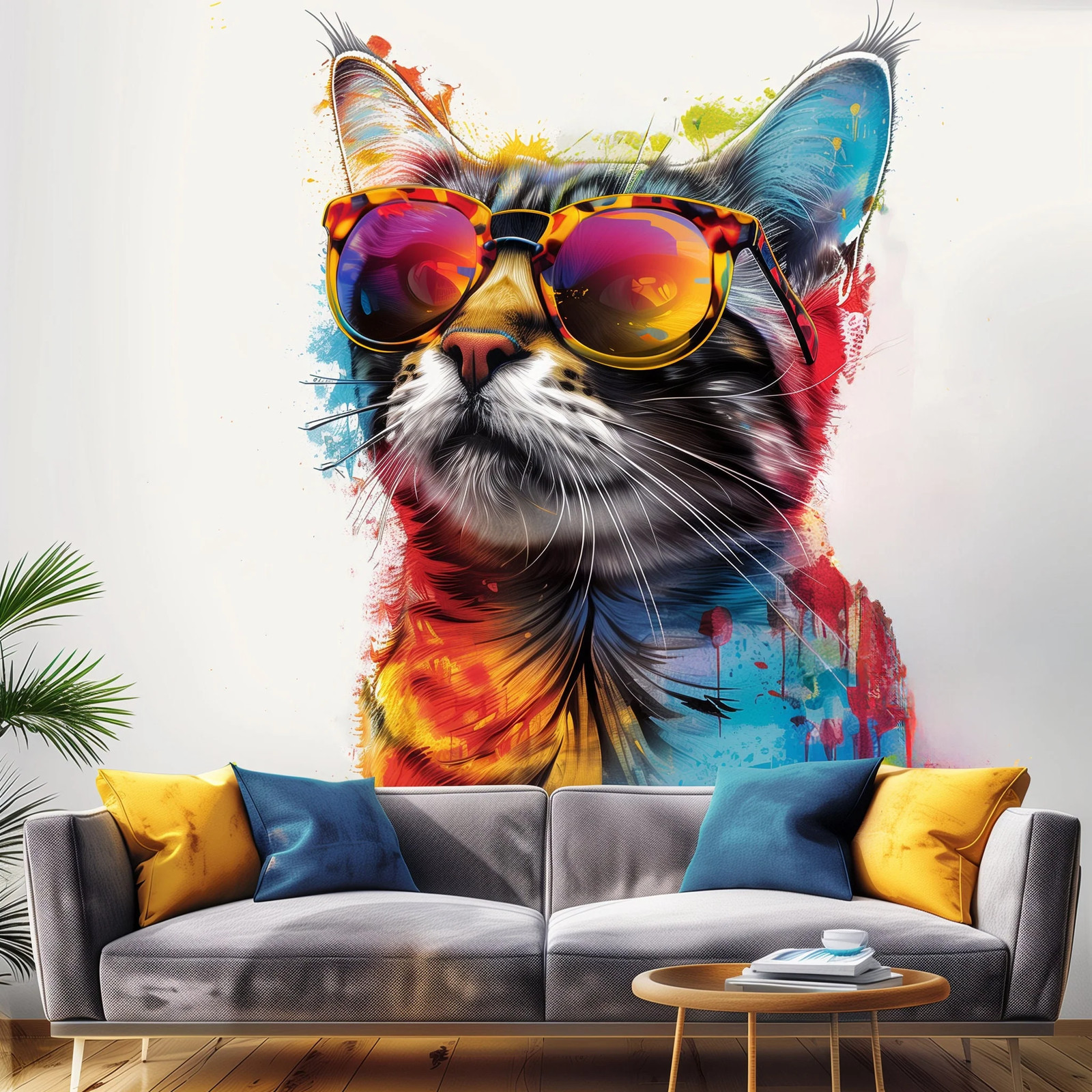 Colorful Maine Coon Cat Wall Sticker with Sunglasses – Modern Kittent Art Decal
