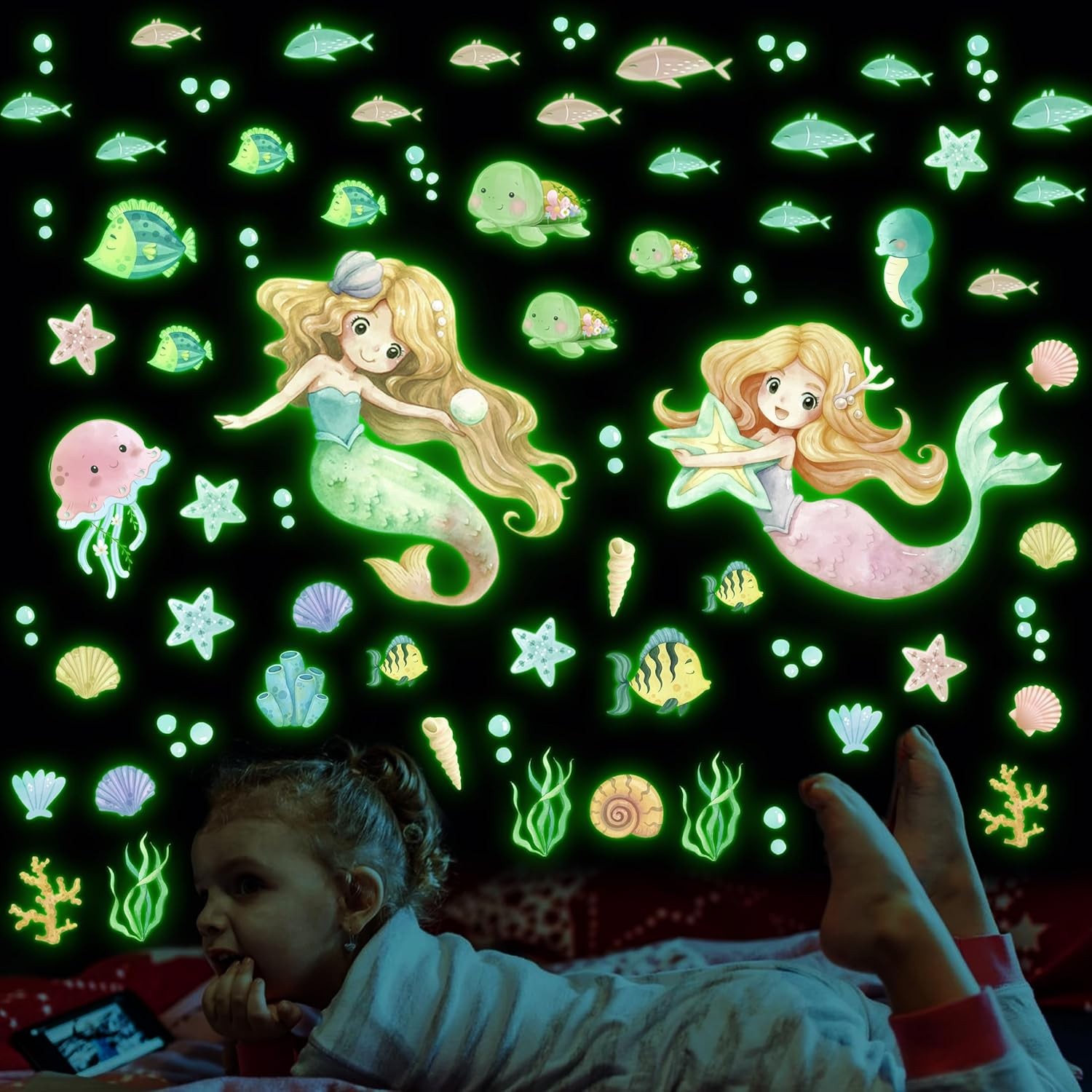 Glow in The Dark Stars Mermaid Wall Decals, Turtle Ocean Fish Stickers for Ce…
