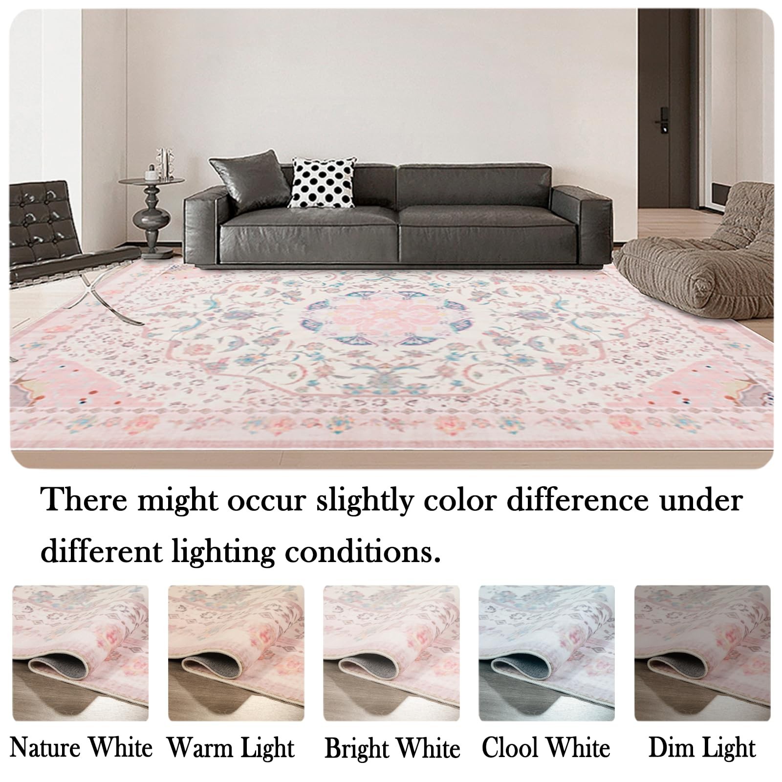 Area Rug – Vintage 5×7 Non-Slip Backing Area Rugs Light Pink Soft Faux Wool C…