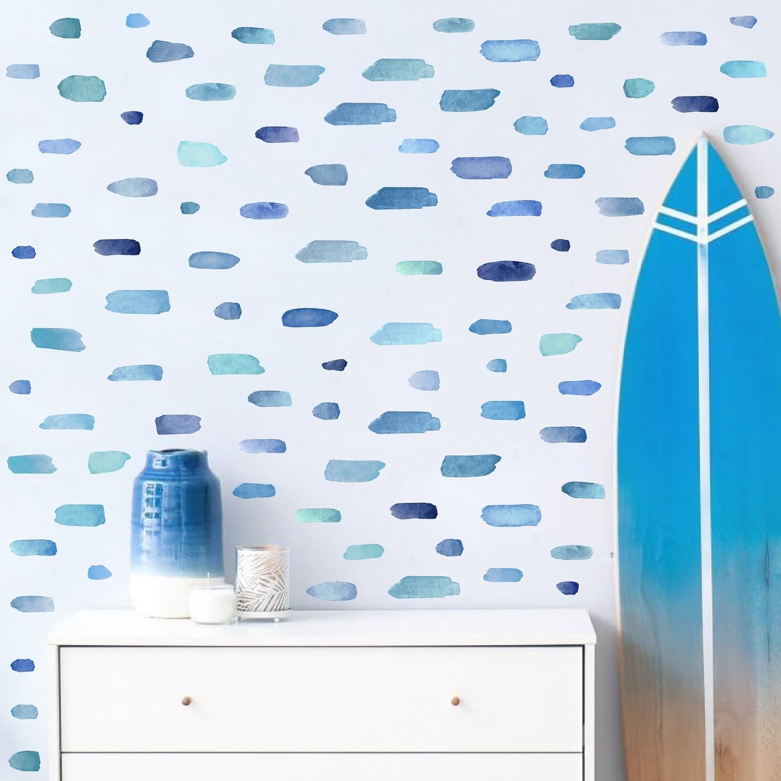 Boho Watercolor Wall Stickers – Removable Blue Stripes Decals for Kids' Room, Nu