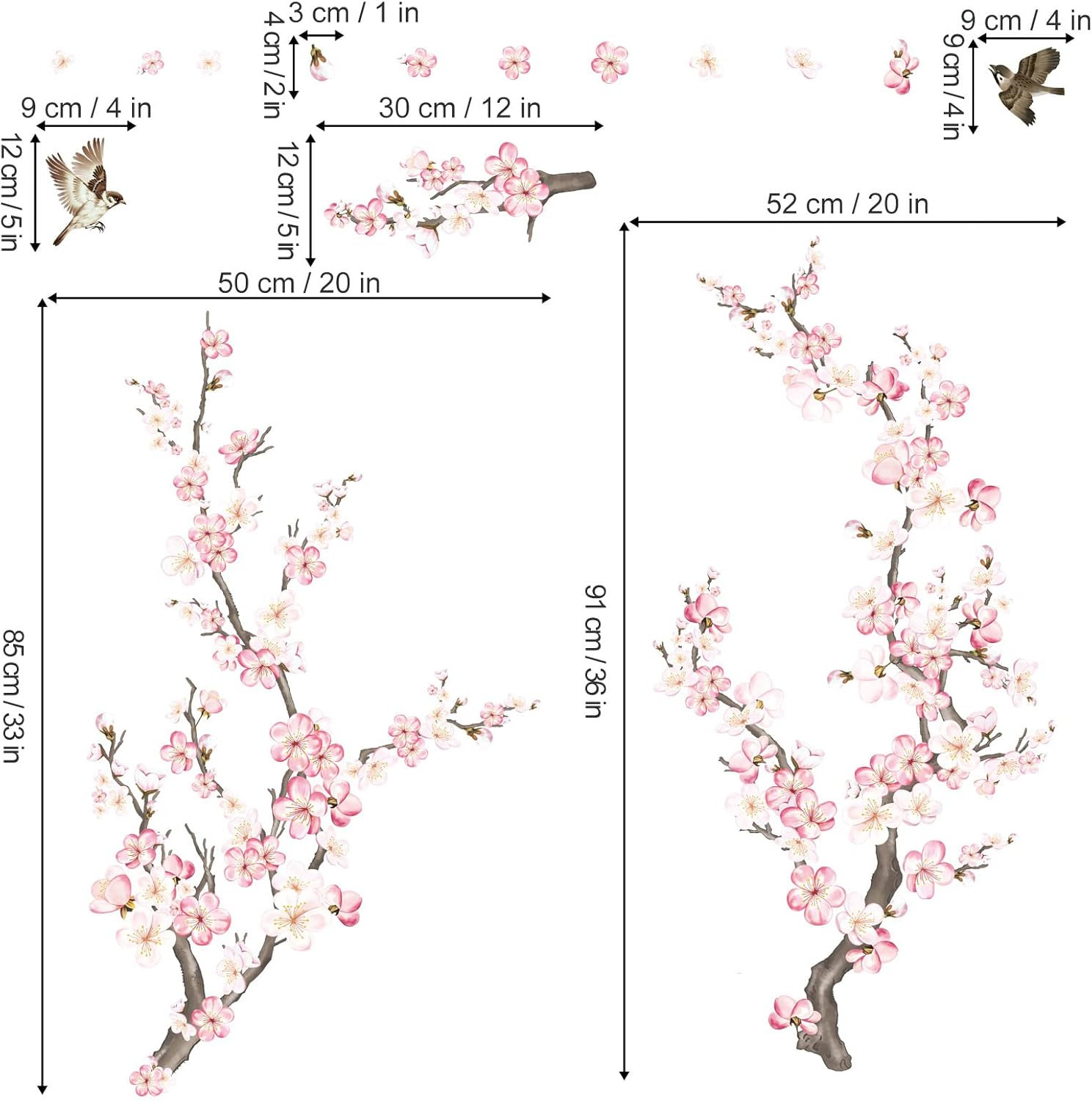 Cherry Blossom Wall Stickers Pink and White Flower Tree Branch Peel and Stick Wa