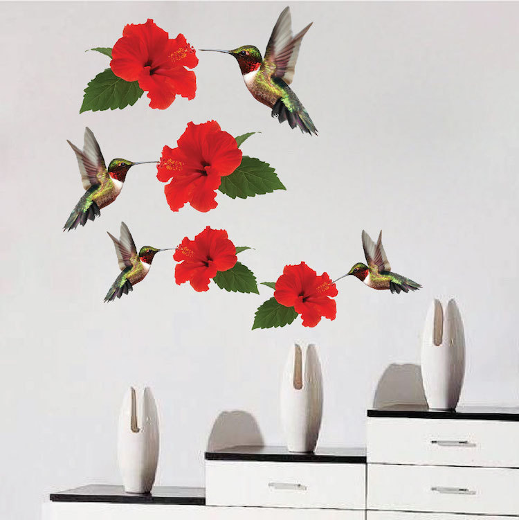 Hummingbird Wall Decal Mural, Hummingbirds Red Flowers Floral Animal Vinyl, a01