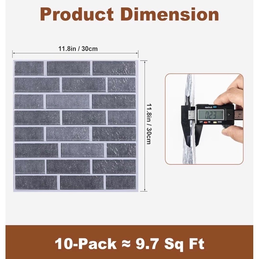 10 Pack Gray 3D Faux Brick Wall Panels Peel & Stick Waterproof Foam Tiles 9.7sf