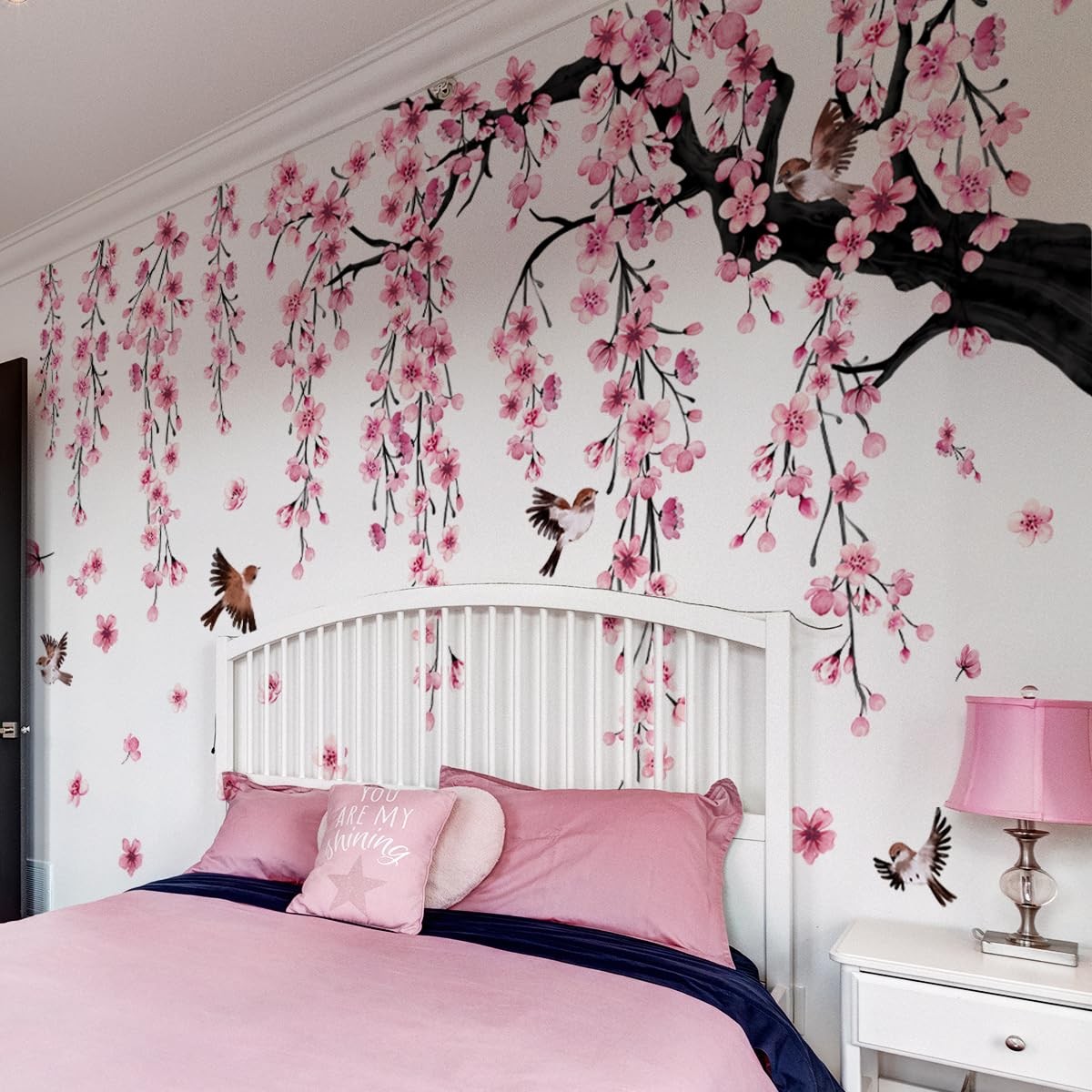 Large Cherry Blossom Tree Wall Decals Peel and Stick Pink Floral Wall Art Sticke