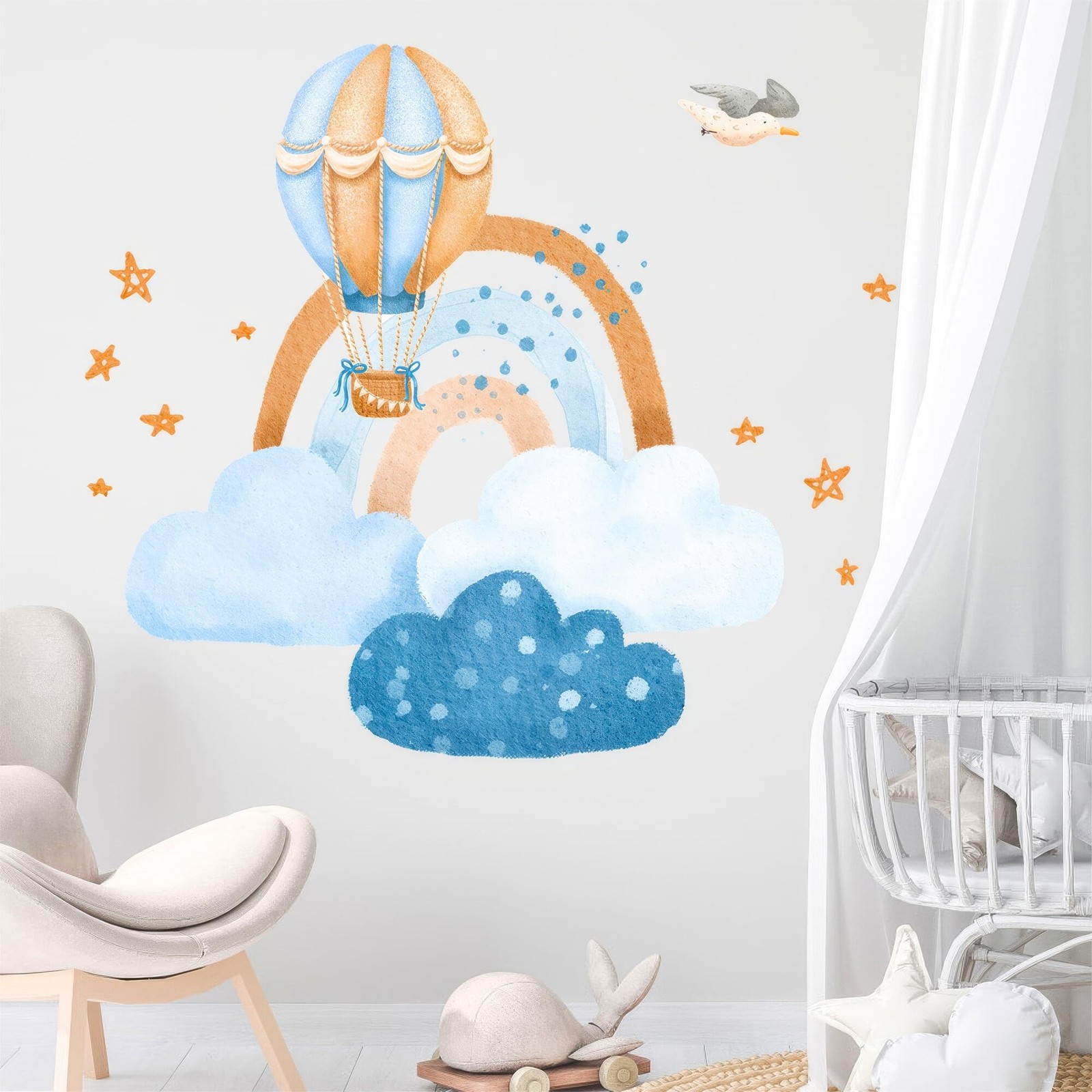 Hot Air Balloon & Clouds Wall Decals – Peel and Stick Watercolor Rainbow Déc…