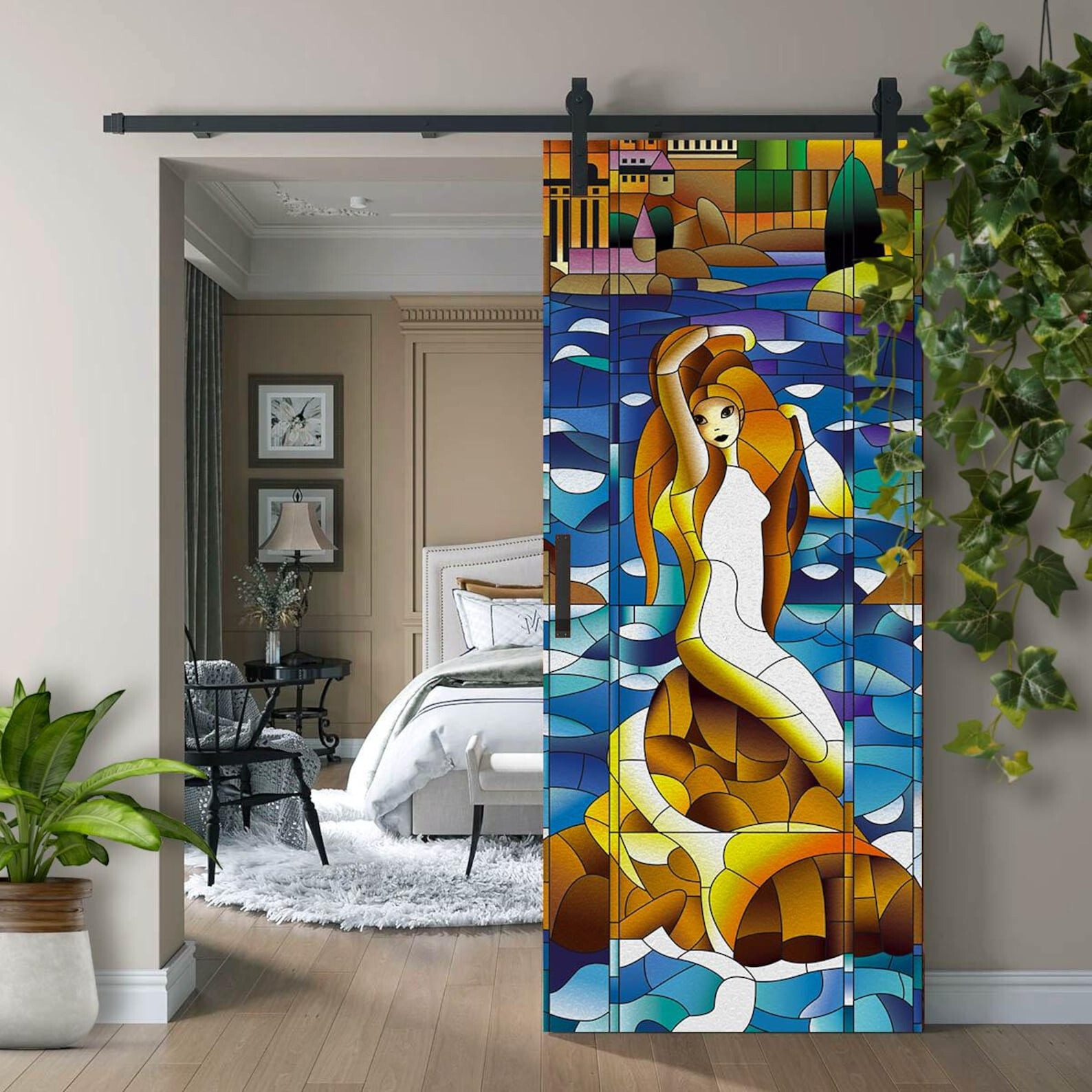 Mermaid Window Stained Glass -Door Mural, Glossy Laminated Sticker, Single piece