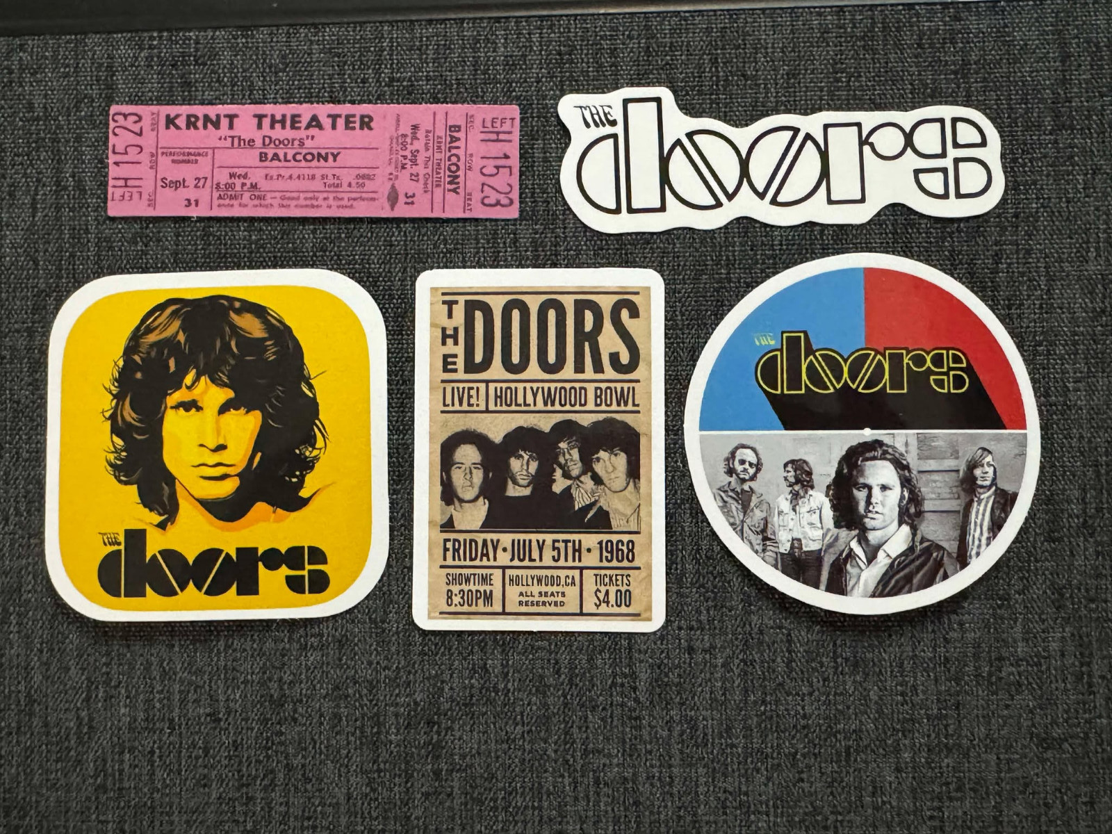 Lot of 5 THE DOORS 3/4" to 3" Band Logo STICKERS Fast! FREE SHIP! JIM MORRISON