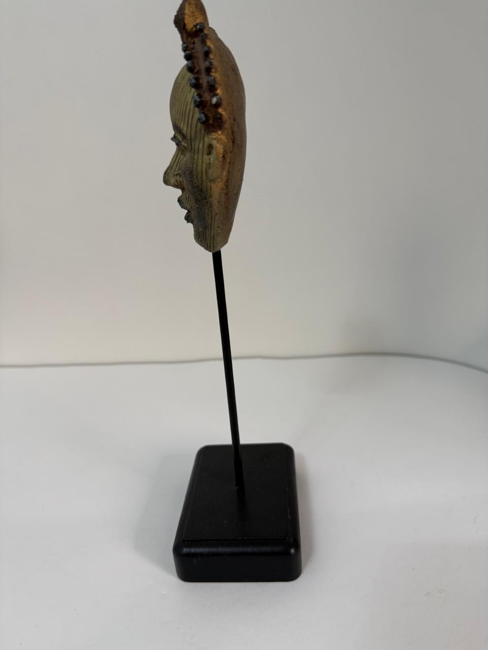African Metal Head Sculpture Statue on Stand Tribal Art Decor Vintage Style Figu