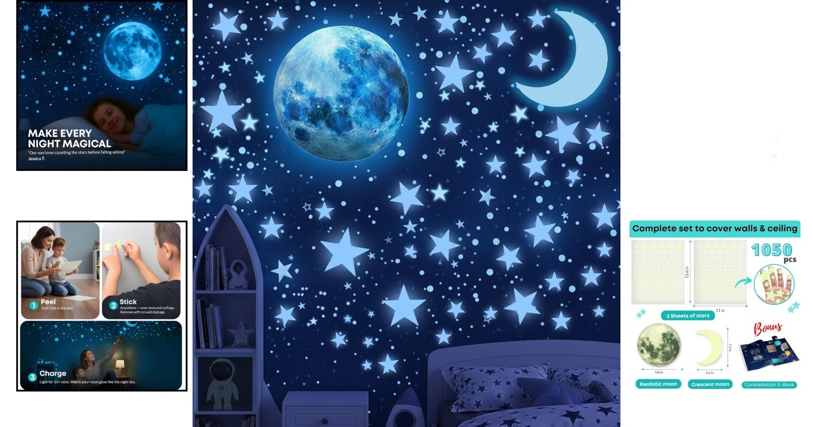 Peel & Stick Blue Glow in the Dark Stars – 1050 Pcs with Constellation E-Book