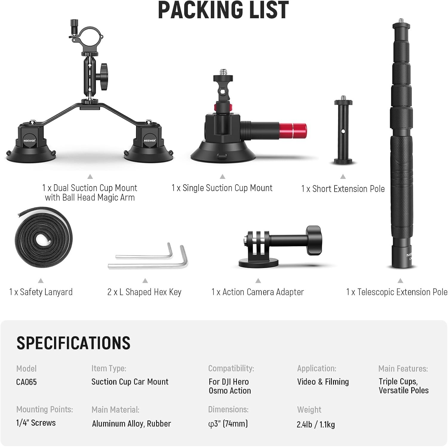 Triple Suction Cup Car Mount Kit with 2-in-1 Selfie Stick & Adjustable Pole for