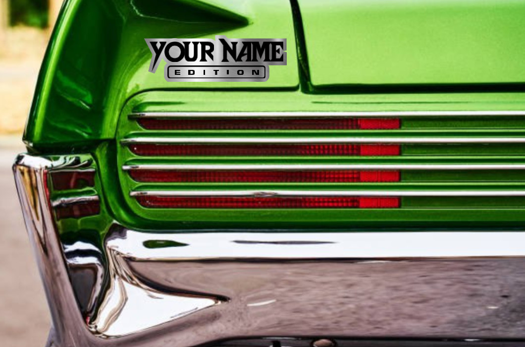 Custom Car Badge Emblem – Your Text “EDITION” Name Plate, Brushed Silver Logo