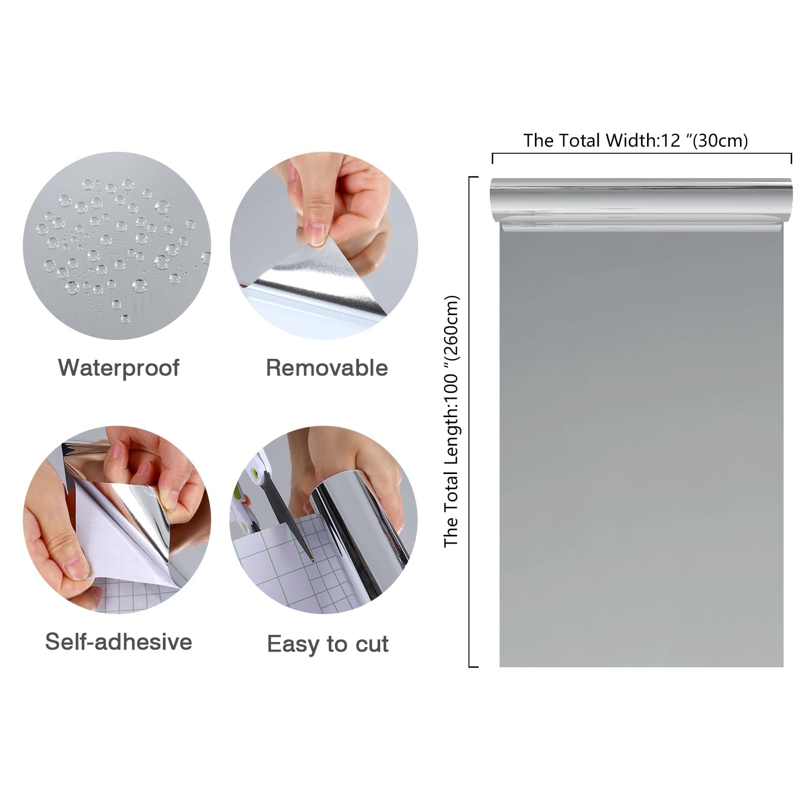 Reflective Silver Mirror Stickers Mirror Roll Walls Cabinets Vinyl Decor 12×100