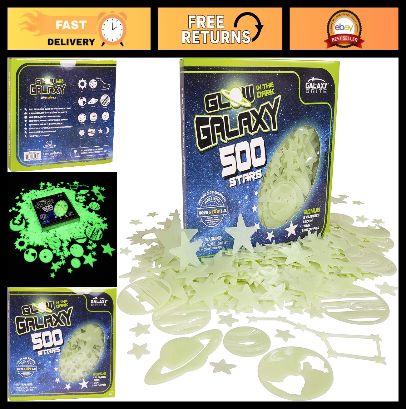 Glow in The Dark Ceiling Stars – 500 Count, Jumbo Sun, 9 Planets, Moon & Big Dip