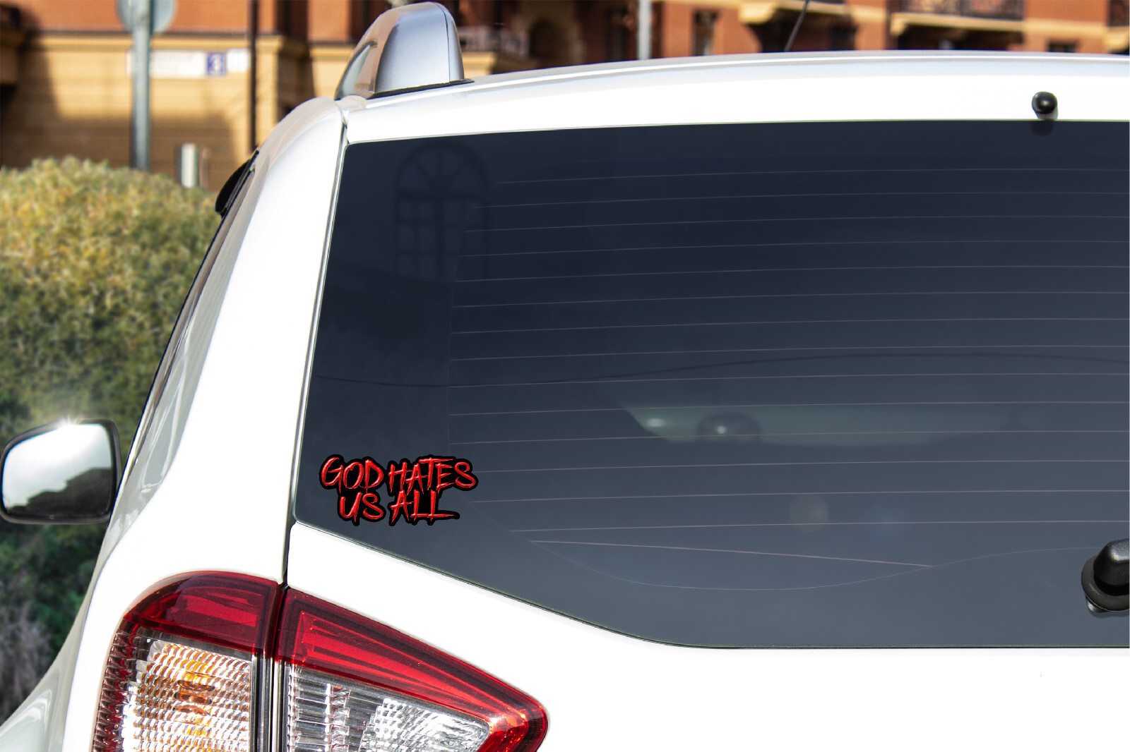 God Hates Us All Sticker Decal Goth Emo Hell Evil Religion Car Toolbox Satan