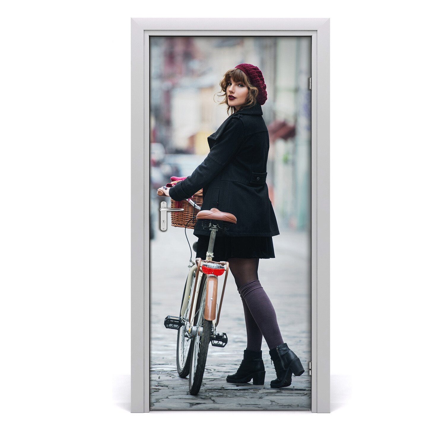 Self adhesive Door Wall wrap removable Peel & Stick People Woman on the bike