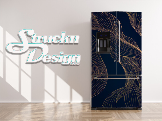 Modern Texture Navy Gold Wavy Leaf Fridge Freezer Wrap Side Door Vinyl Decal