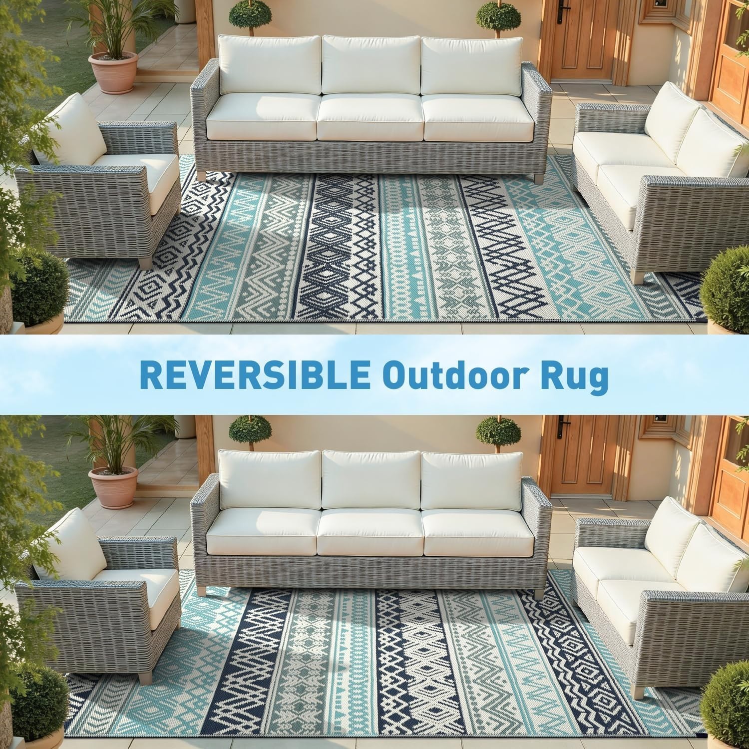 Waterproof Outdoor Rug 5×8 – Reversible Camping Mat, Picnic Beach Carpet, Boho D