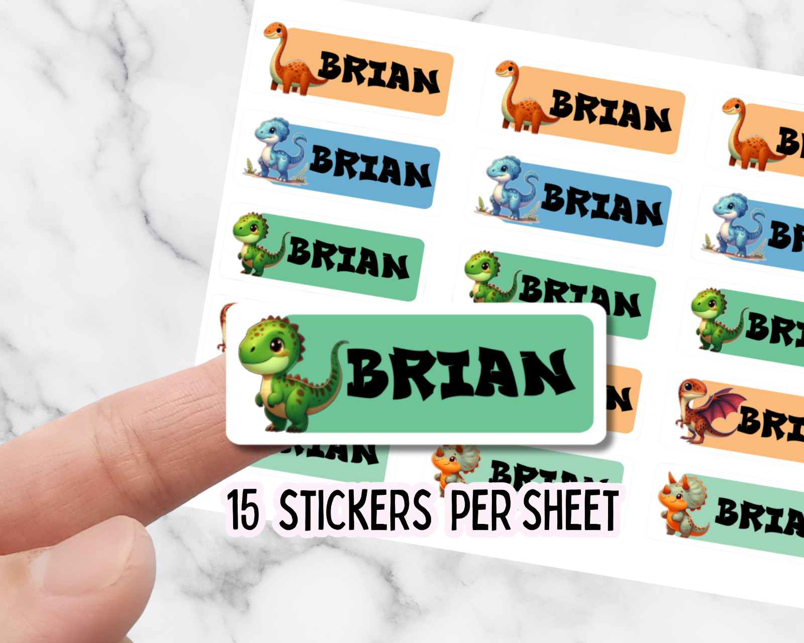 Custom Name Dinosaur Stickers – 15-Pack Label Sheet for Kids, 2" Name Tags