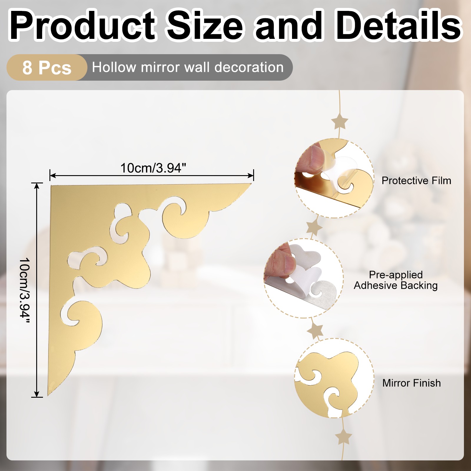 8Pcs Corner Decorative Pattern Hollow Mirror Wall Stickers(Light Gold, 4×4")
