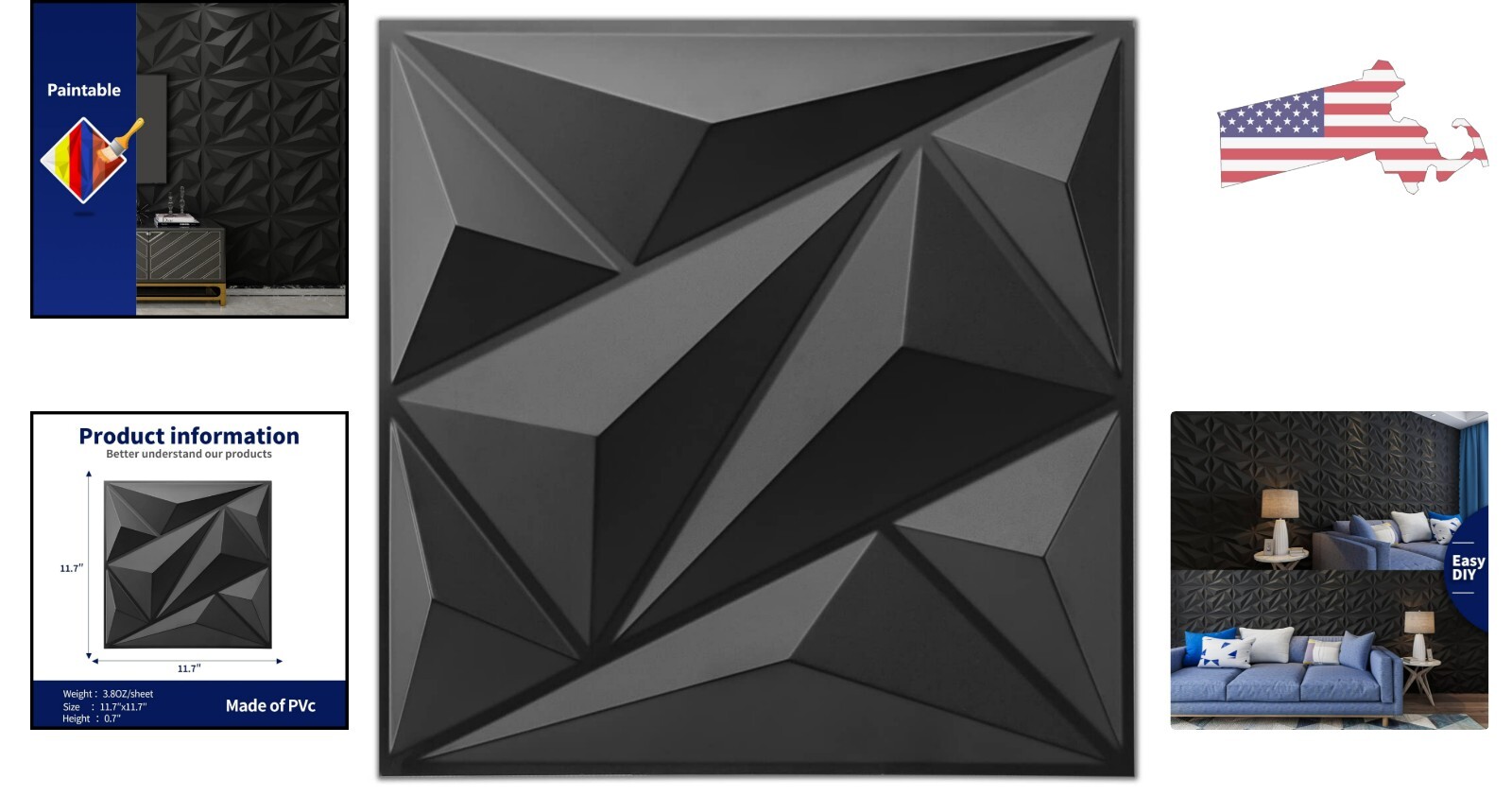 33 Luxury Diamond Wall Panels – Versatile PVC – Black – 12"x12" – 32.Sq.Ft.