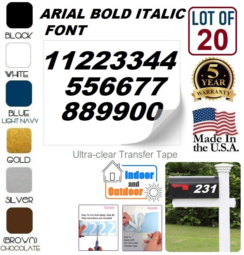 Mailbox Address Numbers Decal Sticker Window Door Wall Sign, ARIAL ITALIC BOLD