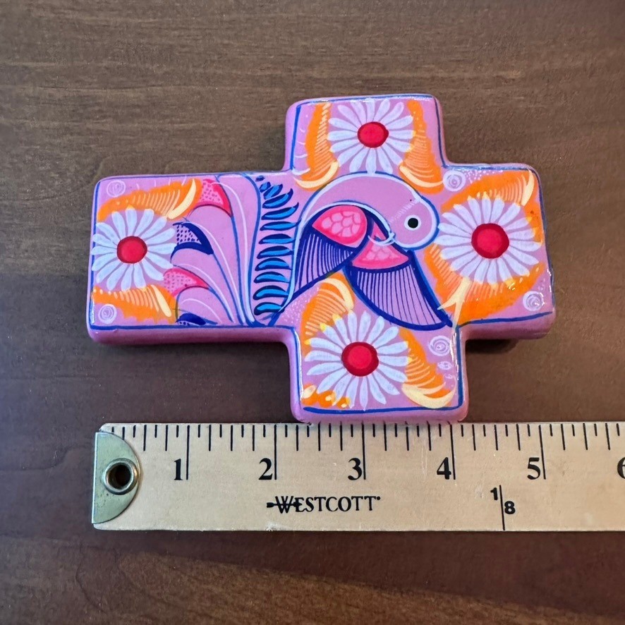 Hanging Wall Art Cross Decor Talavera Pottery Pink Orange Bird Flowers Floral