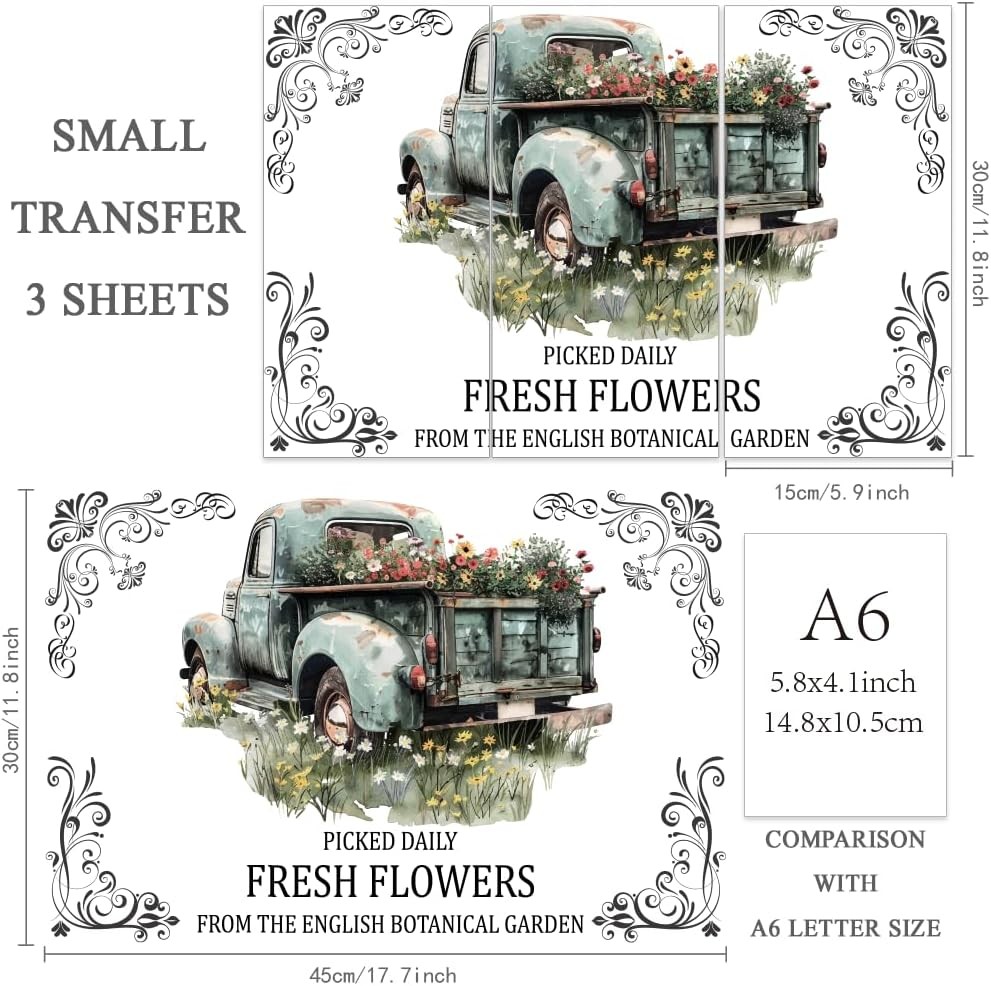 OLYCRAFT 3pcs/Set Vintage Truck Flowers Rub on Transfer Stickers 11.8×5.9 Inch S