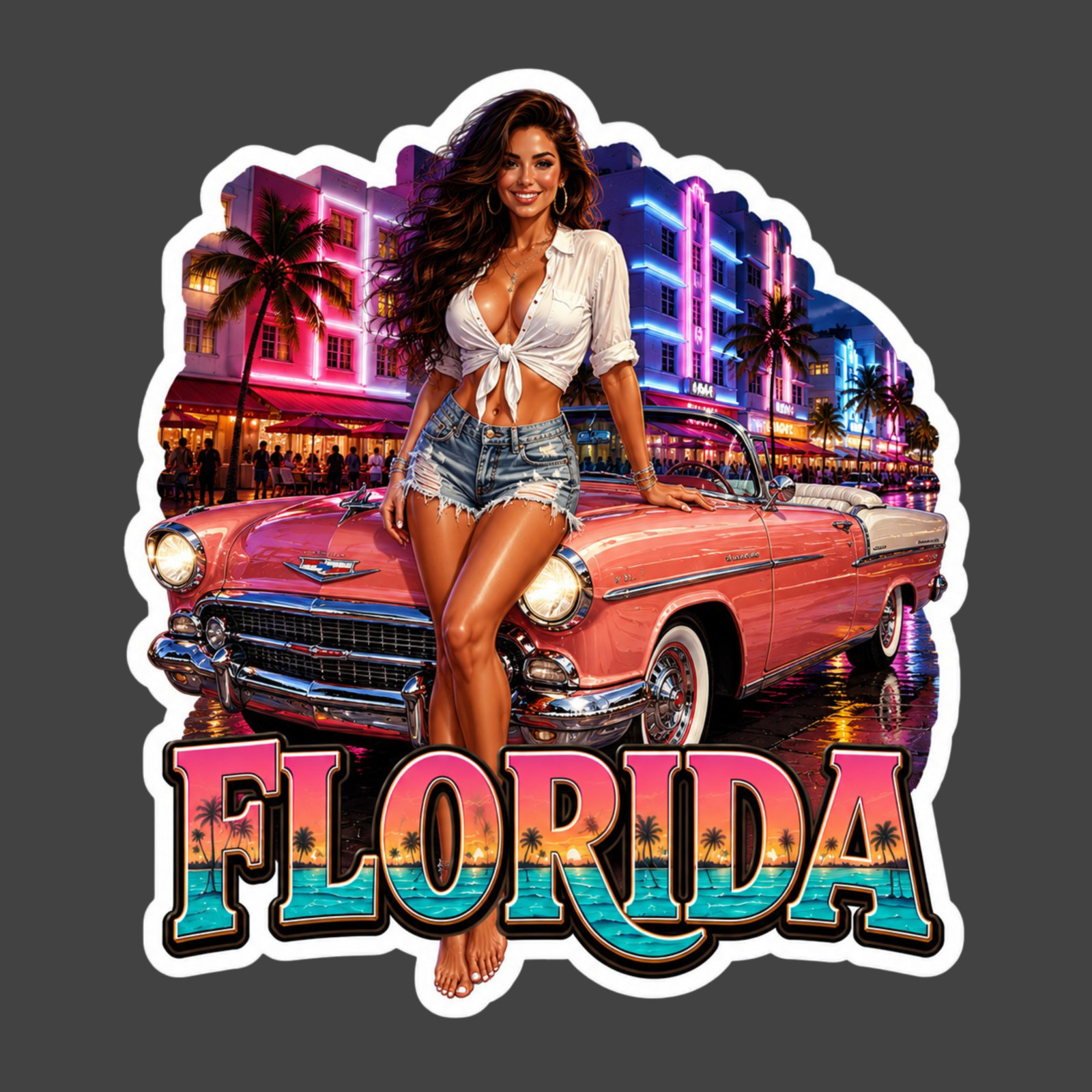 Florida Sticker Vinyl Decal Miami Beach Neon Pinup Girl Retro Art Deco