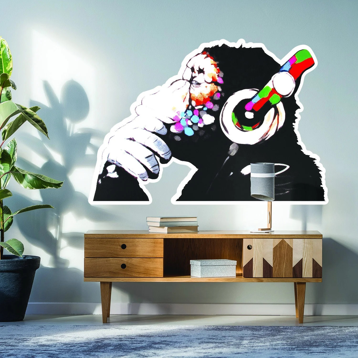 Artist Monkey With Headphones Wall Sticker – Large Bansky Thinking Dj Chimp